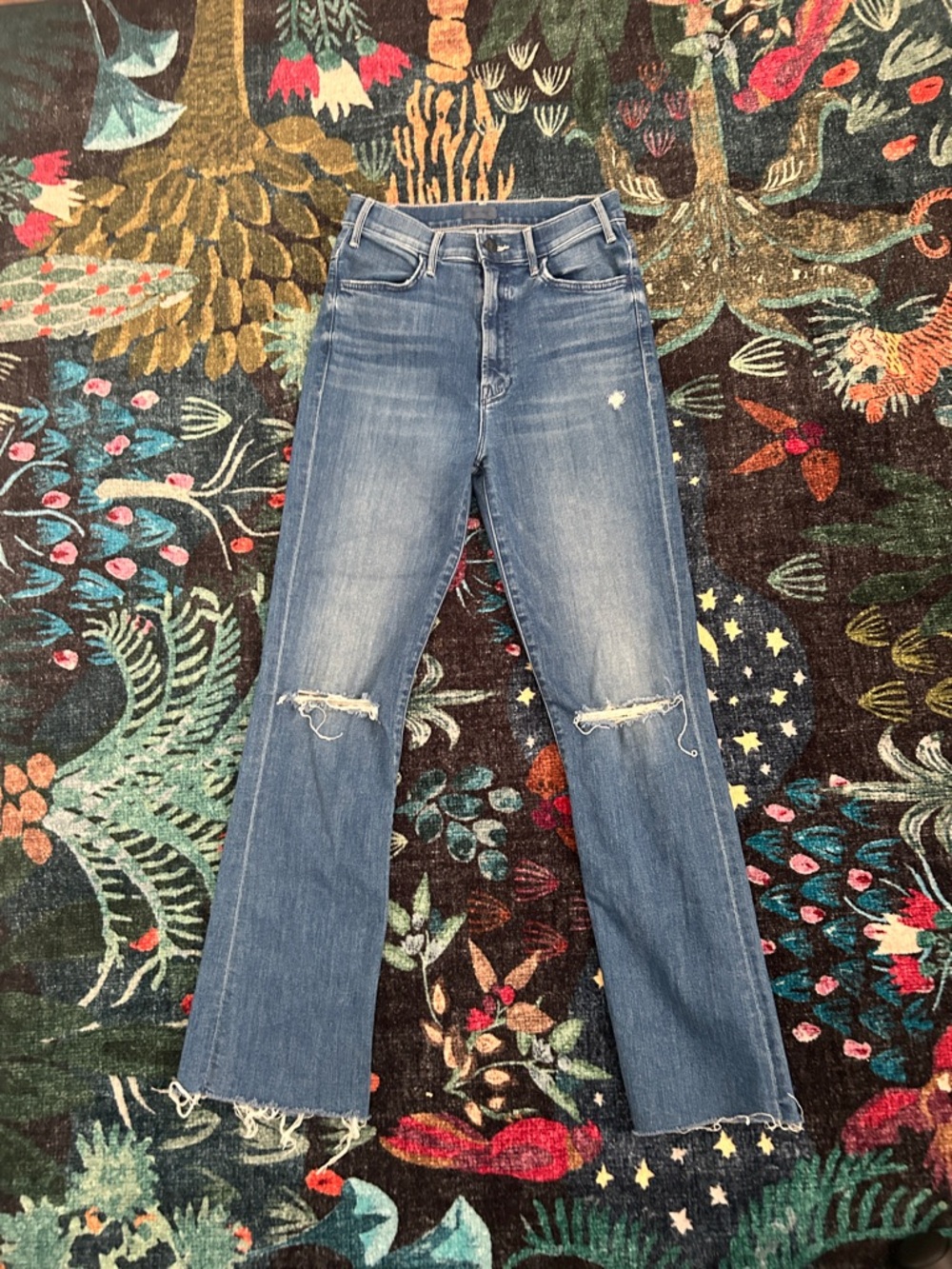 MOTHER Distressed Mid Blue Flare Jeans